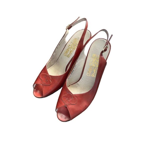 FERRAGAMO Womens 7.5/8 Vintage Rust Leather Slingback Peep Toe Heels - Picture 1 of 12